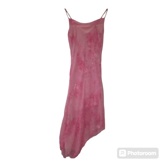 Pink Asymmetric Hem Lined Spagetti Straps Evening Dress Embroidered Fans Sz S - Picture 3 of 7